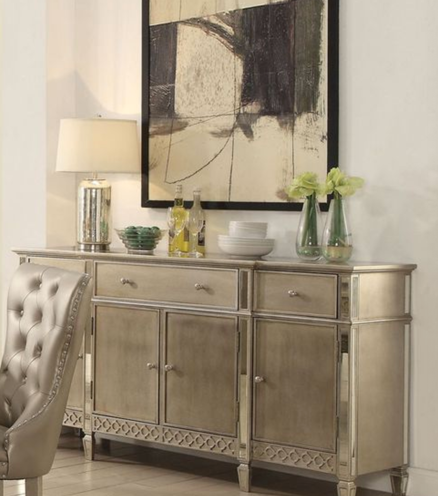 Glam silver buffet with mirrored accents and ornate base trim