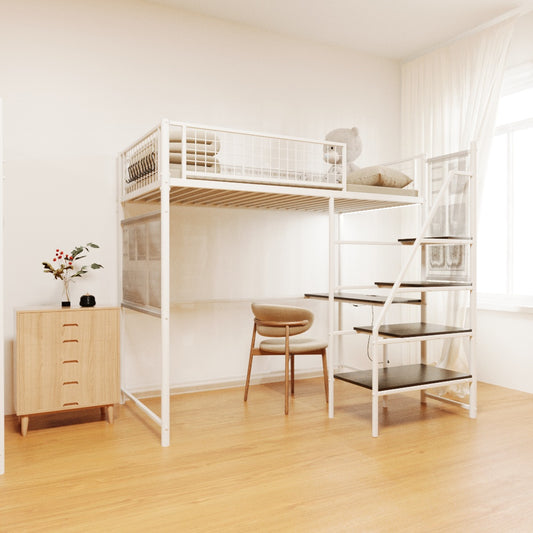 White metal loft bed with integrated desk and stairs ideal for kids