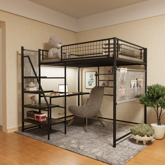 Black metal loft bed with desk and shelves ideal for small spaces