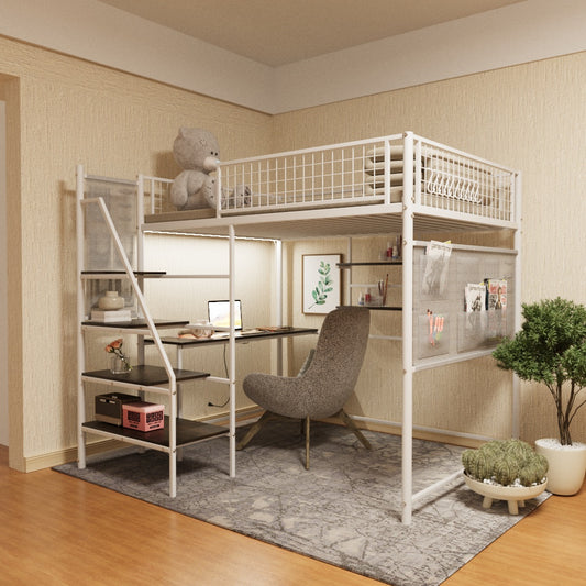 White metal loft bed with integrated desk and shelving spacesaving design