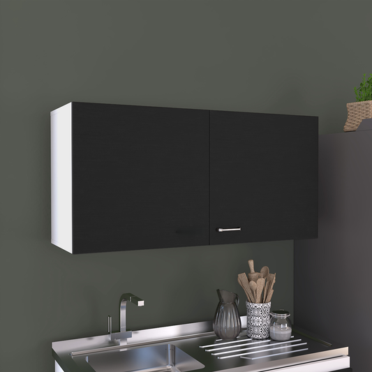 Black and white twodoor wall kitchen cabinet with brushed nickel handle