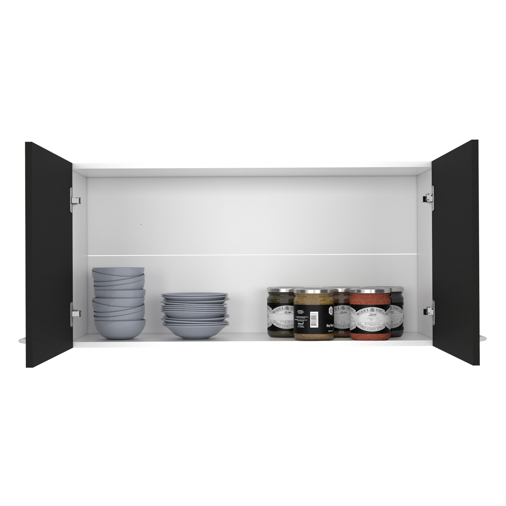 Stack of  gray bowls on a shelf