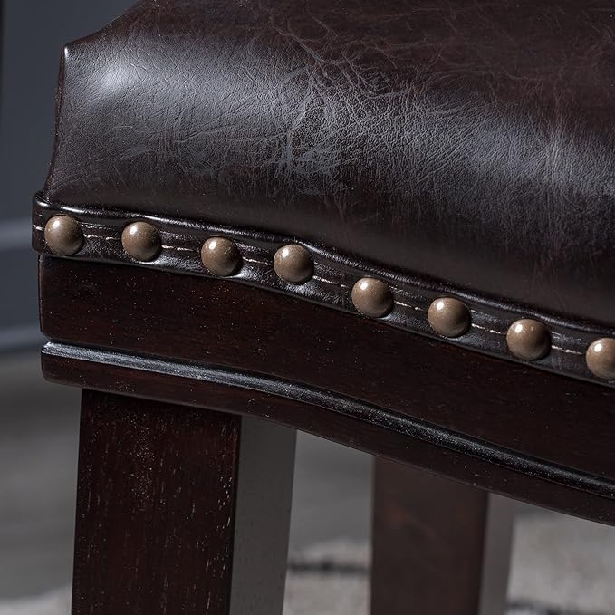 Dark brown faux leather bar stool cushion with decorative nailhead trim