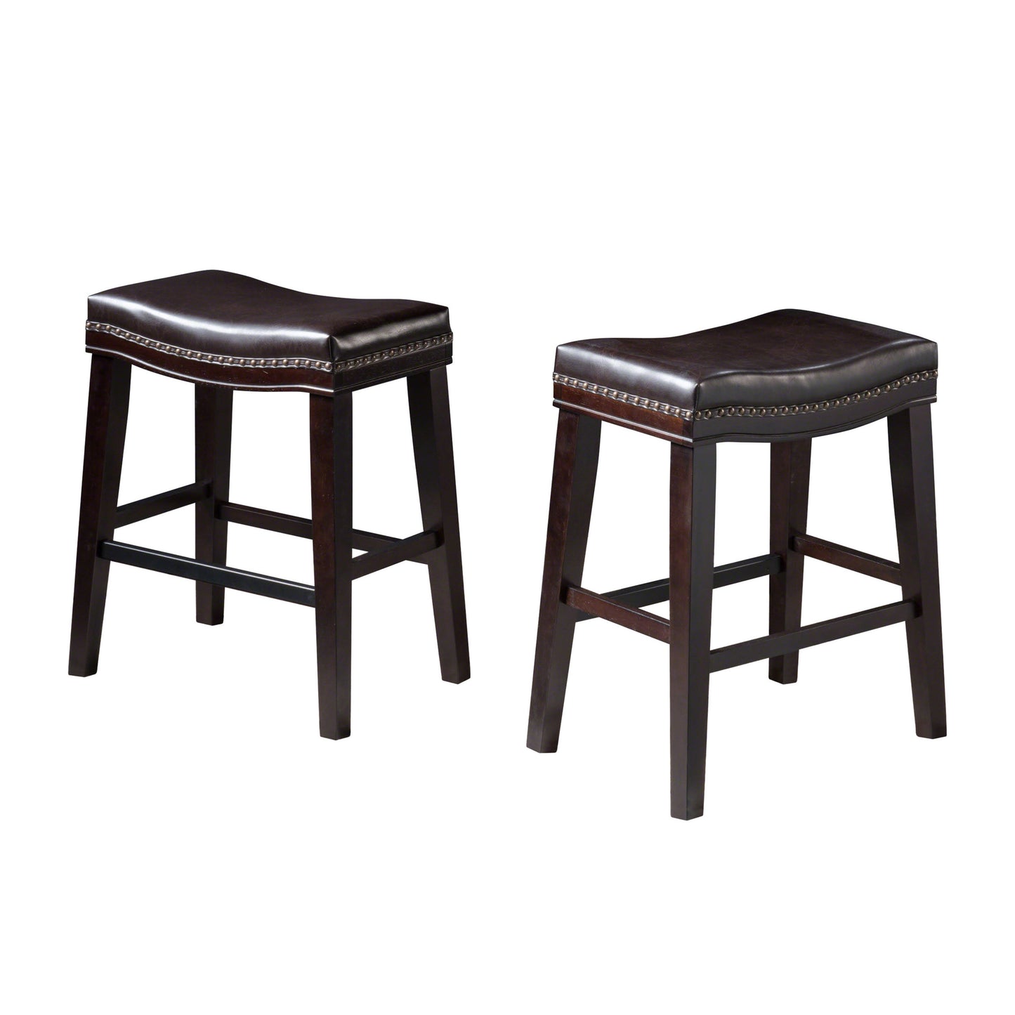 Dark brown faux leather saddle stool with nailhead trim and wooden legs