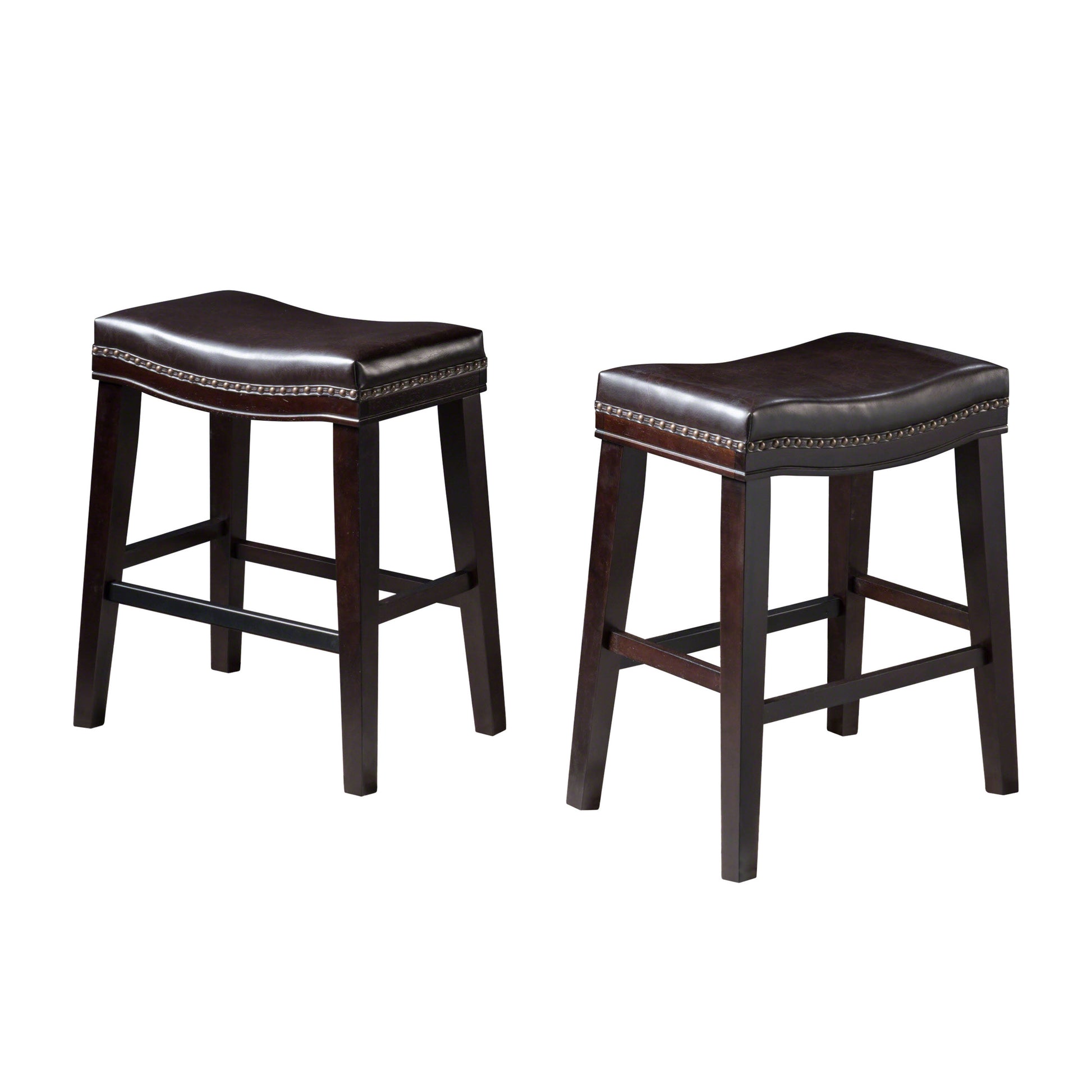 Dark brown faux leather saddle stool with nailhead trim and wooden legs