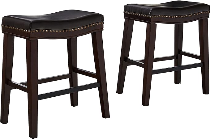 Dark brown leather saddle bar stool with studded trim and espresso wood frame