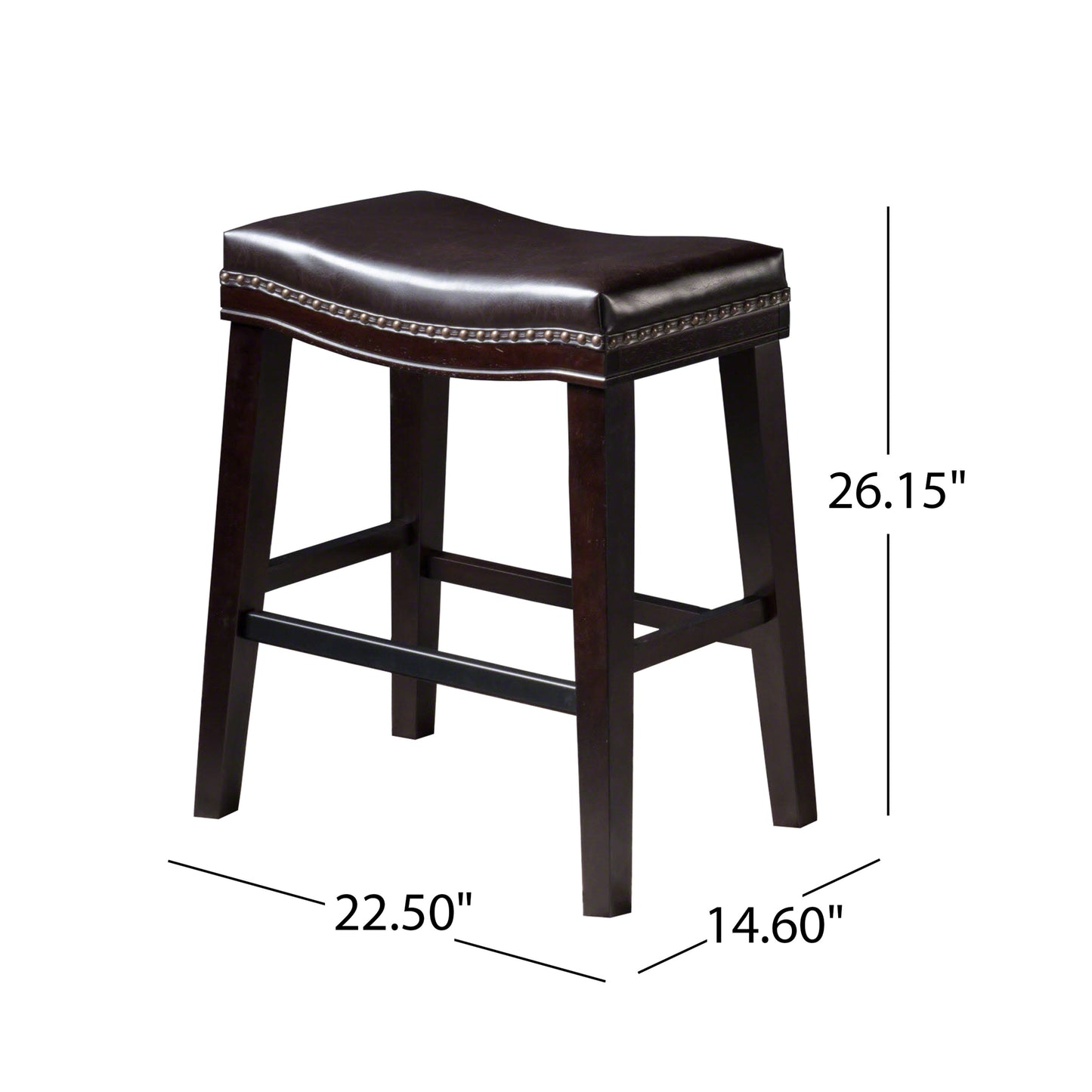 Dark brown leather saddle stool with nailhead trim and solid wood legs