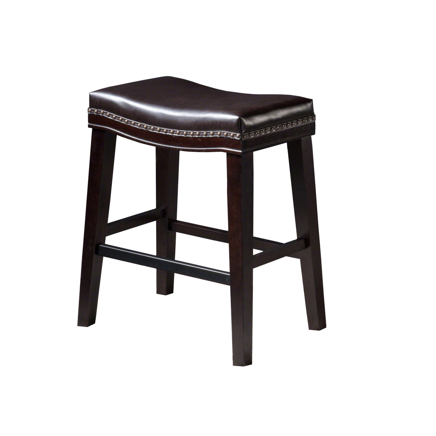 Dark brown faux leather saddle stool with nailhead trim and dark wood legs