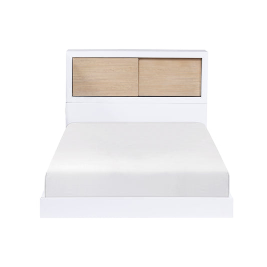 Modern white wooden platform bed with natural wood headboard panels
