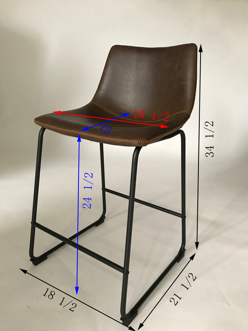 Brown leather bar stool with stitched detail and black metal legs