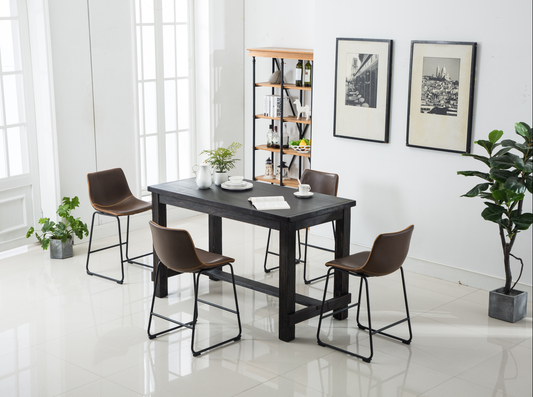 Dark wood counter height dining table with four brown faux leather stools