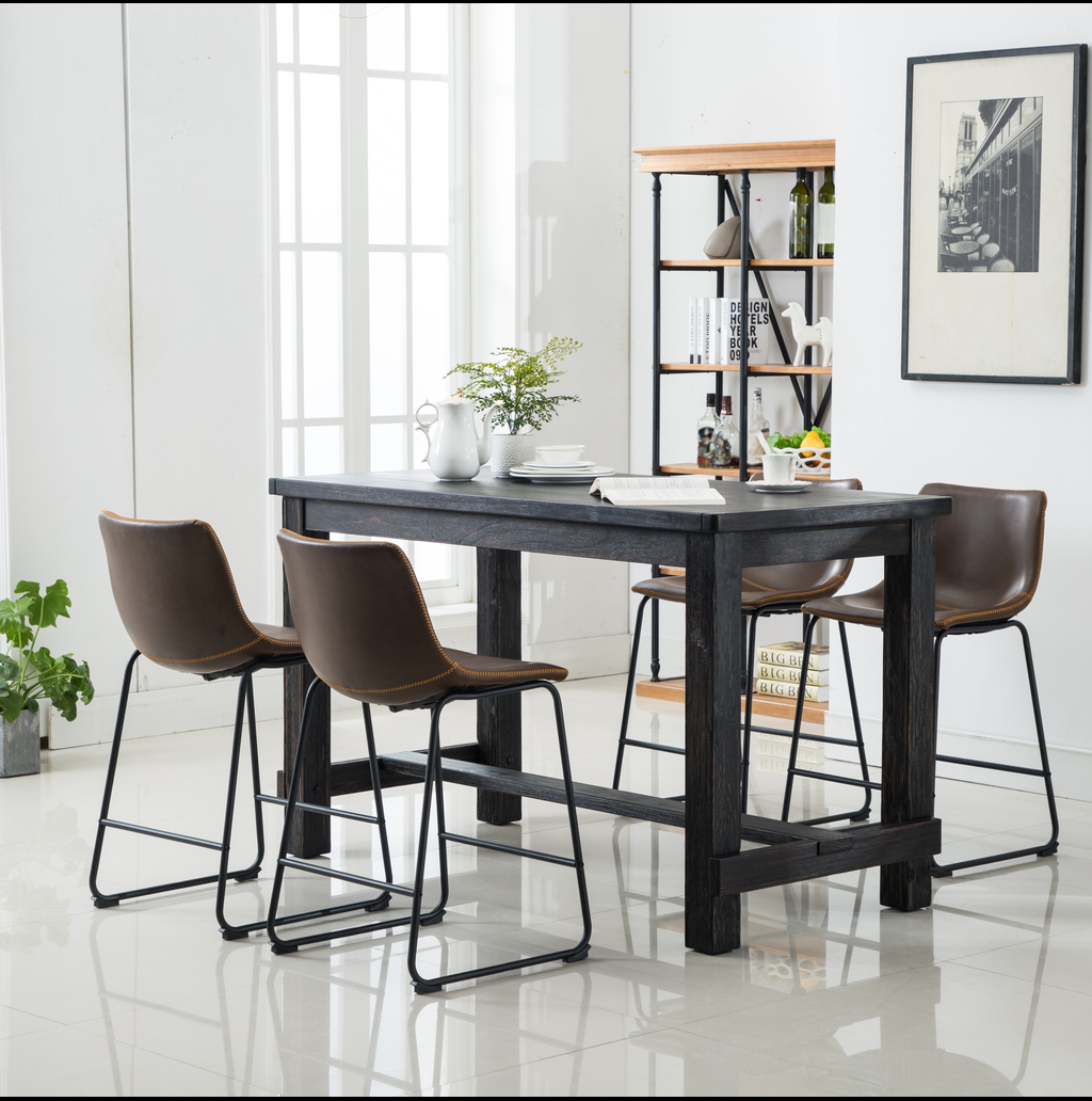 Dark wood bar table with four brown faux leather counter stools