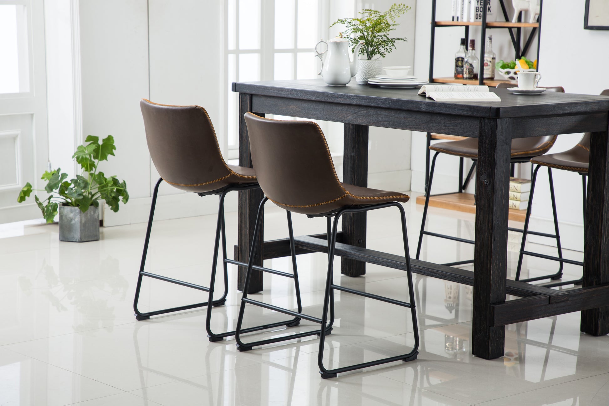 Brown faux leather bar stool with black metal legs