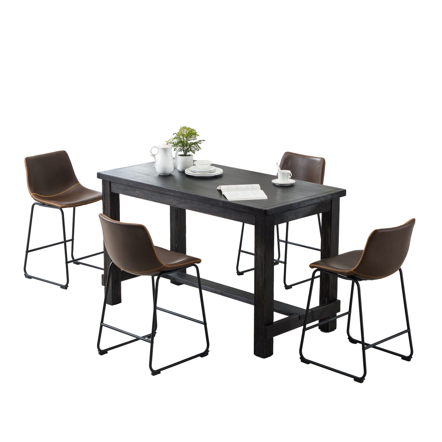 Dark wood counter height dining table with four brown faux leather stools