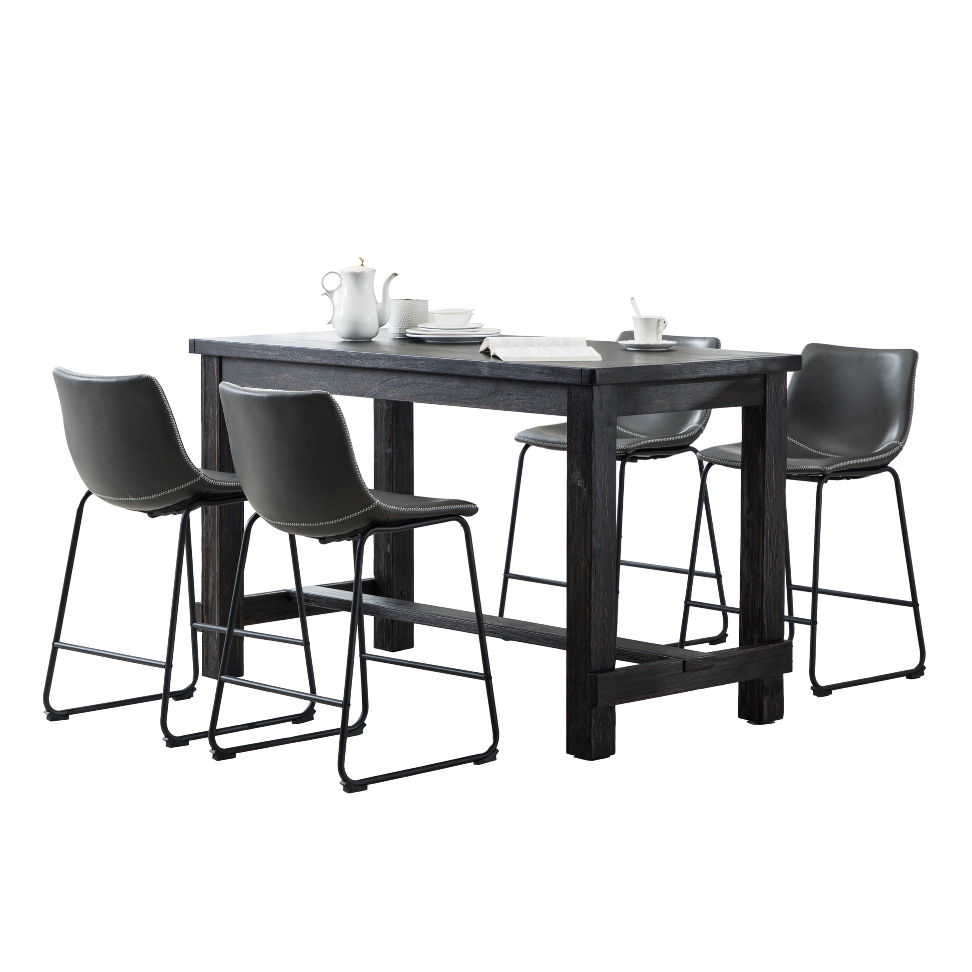 Dark wood counterheight dining table with four gray leatherette bar stools with white stitching