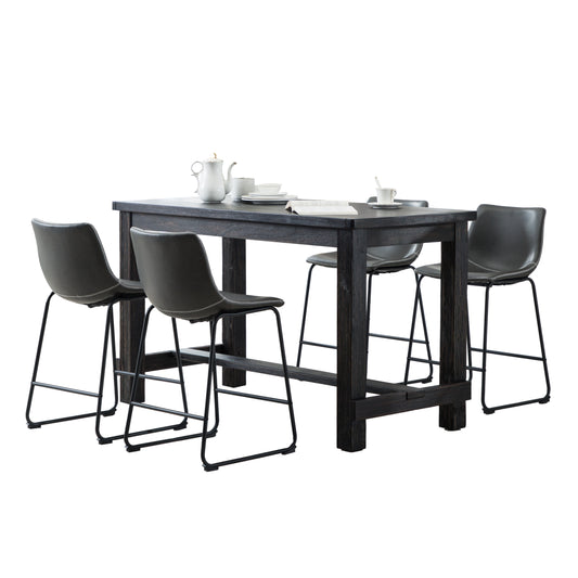 Dark wood counterheight dining table with four gray leatherette bar stools with white stitching
