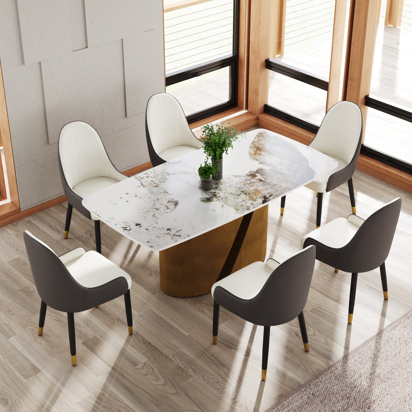 Modern dining chairs with white upholstered seats and dark grey backs