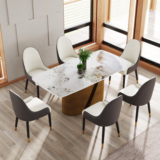 Modern dining chairs with white upholstered seats and dark grey backs