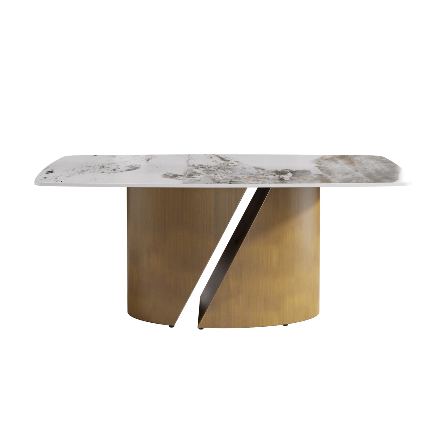 Modern dining table with white marble top and brushed gold pedestal base