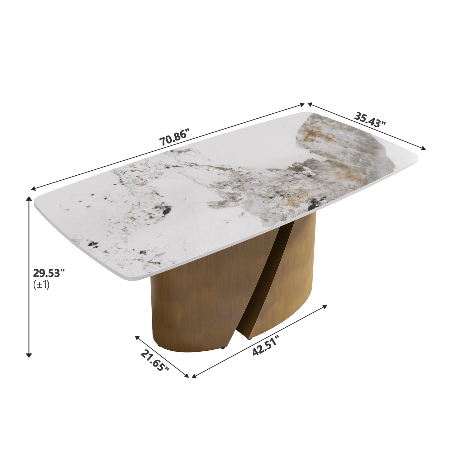 Rectangular dining table with white marble top and brushed brass base