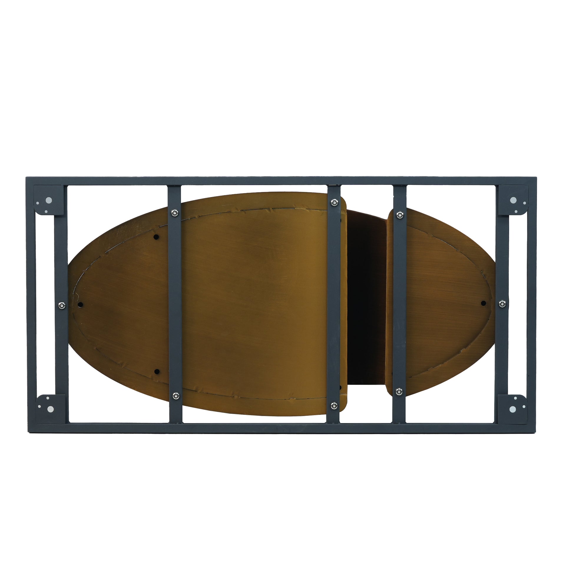 Bronze oval metal art piece in industrial frame