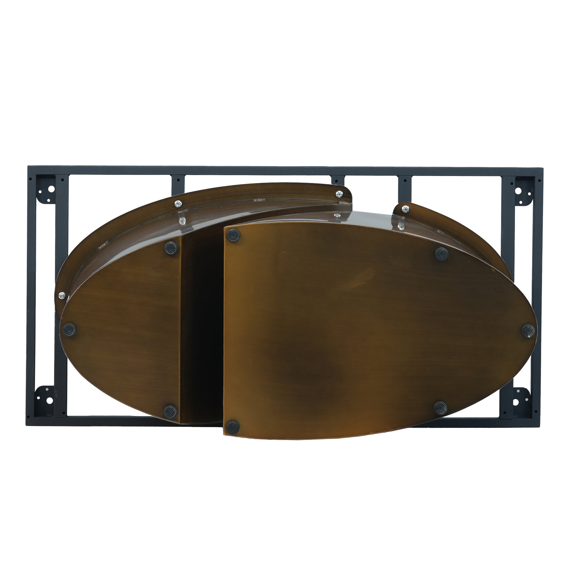 Bronze oval cabinet doors on black metal frame