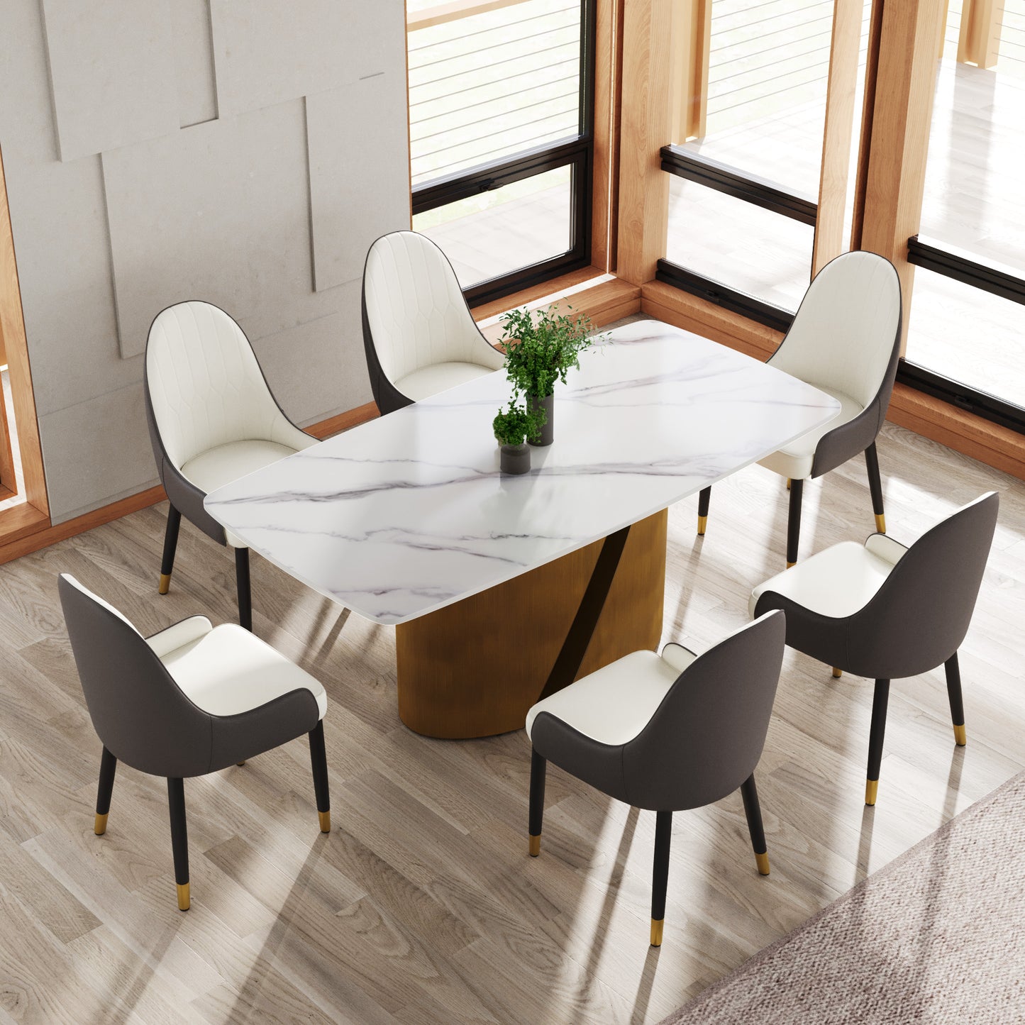 Modern dining set with marblepatterned table and upholstered chairs