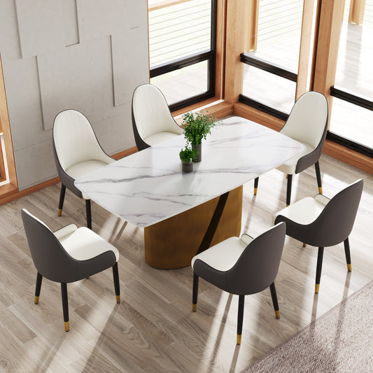 Modern dining set with marblepatterned table and upholstered chairs