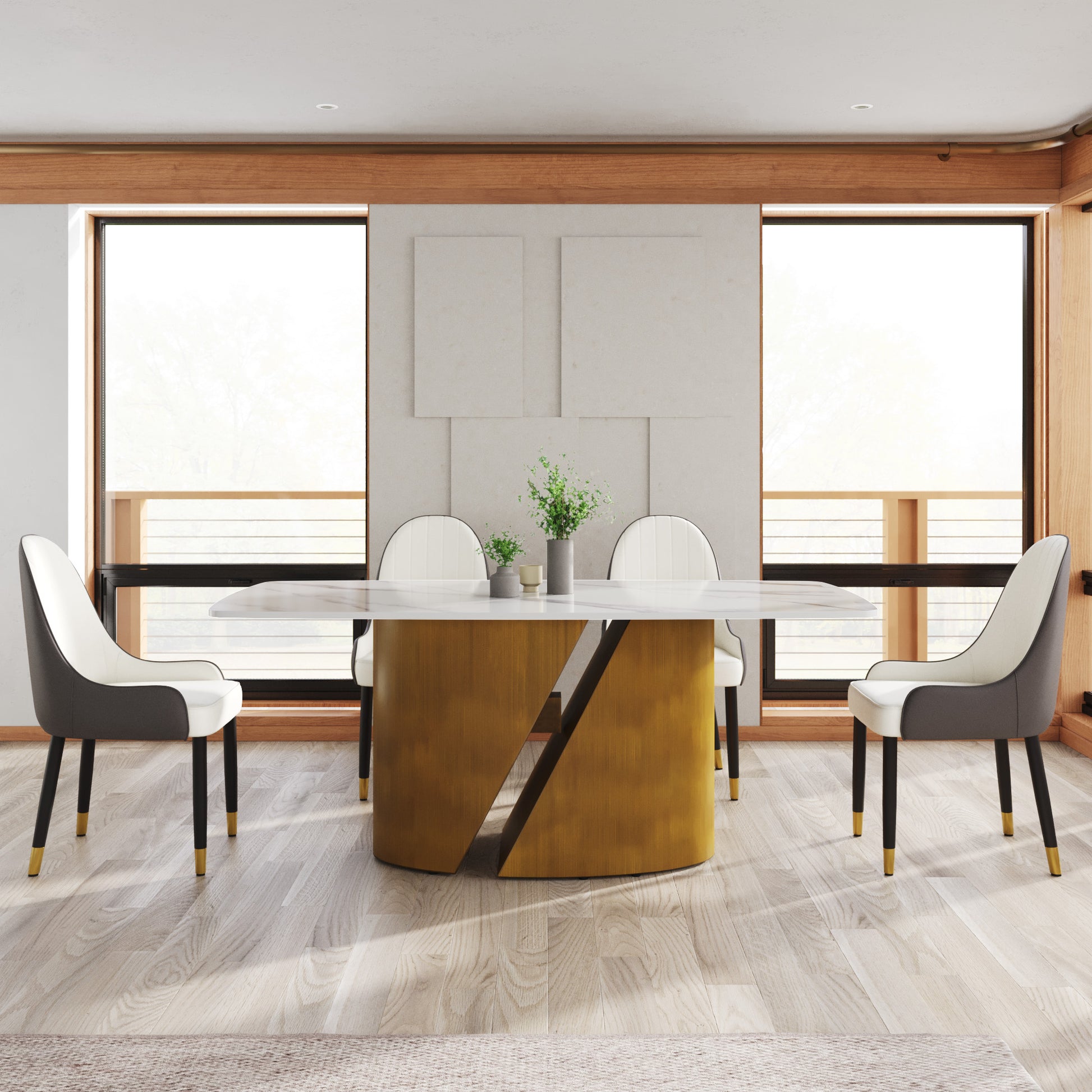Modern marble dining table with gold base and upholstered chairs