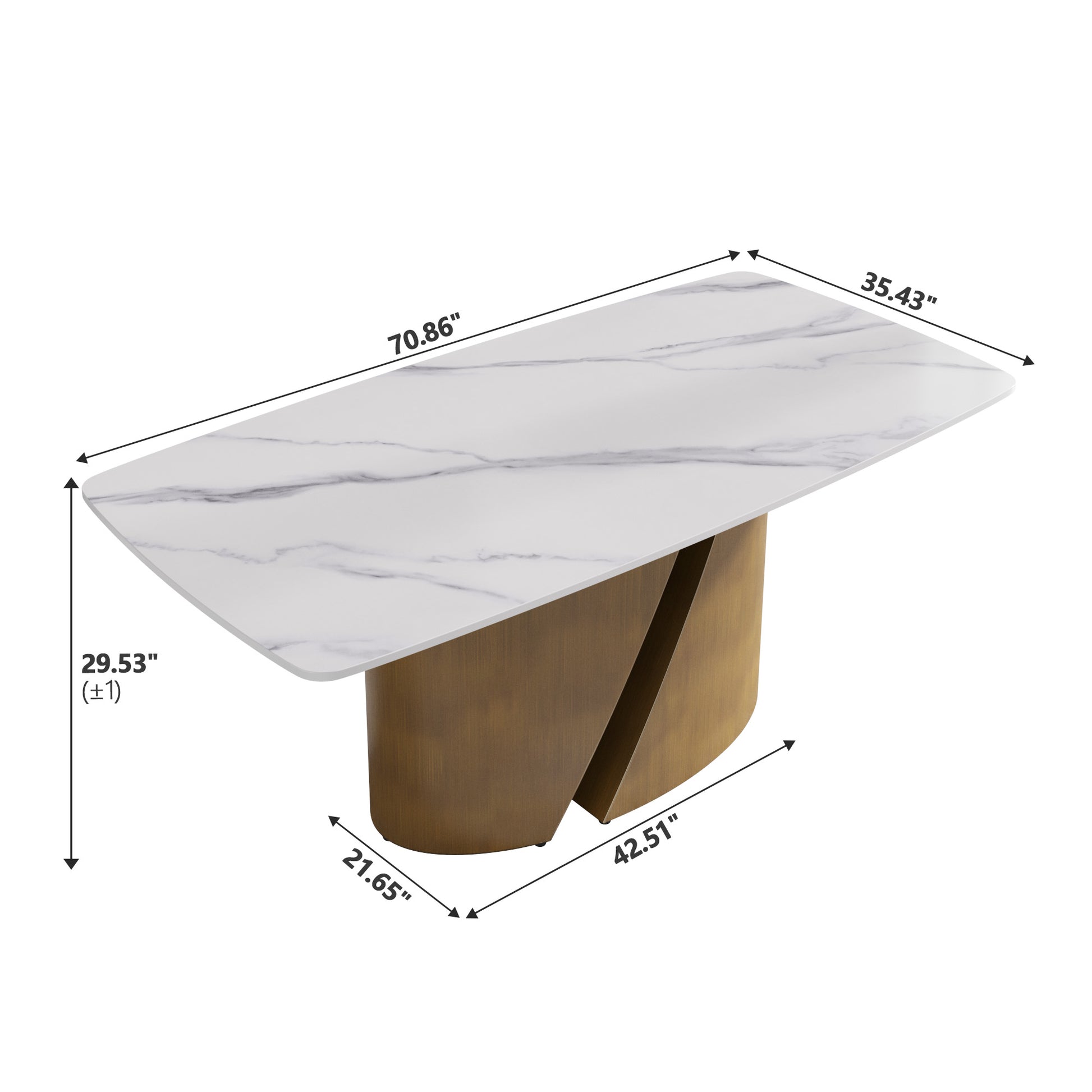 Modern white marble dining table with distinctive gold pedestal base