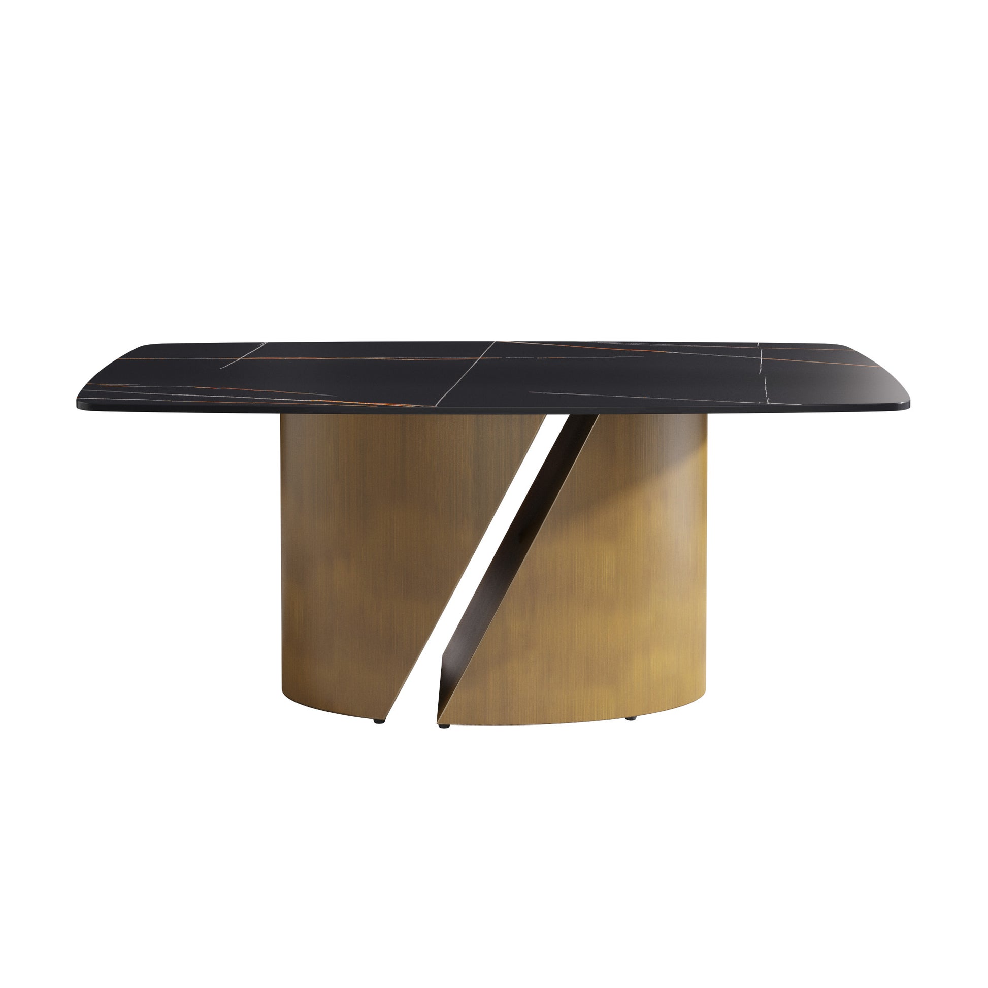 Modern black marble dining table with brass pedestal base