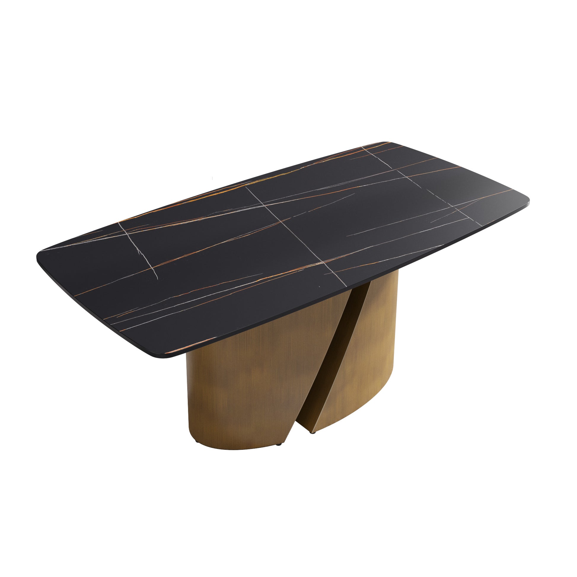 Rectangular black marble dining table with gold veining and brushed brass base