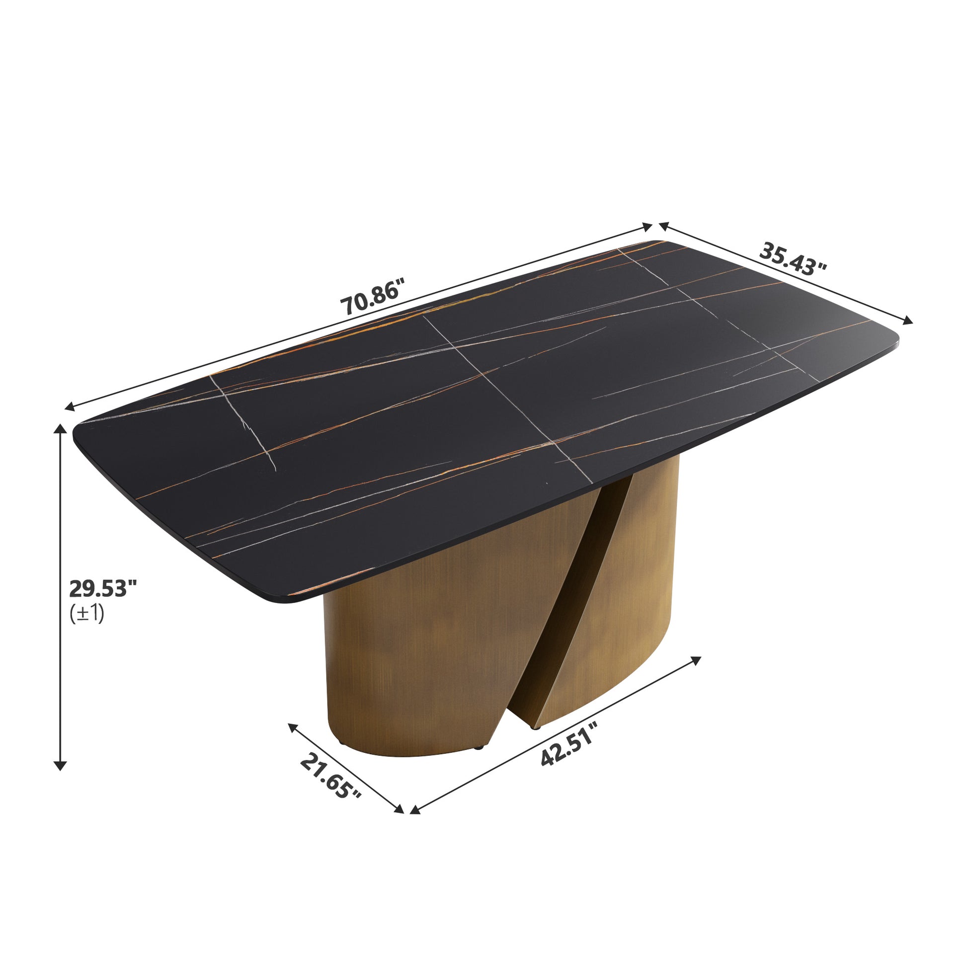 Modern black marble dining table with gold veining and brushed gold pedestal base