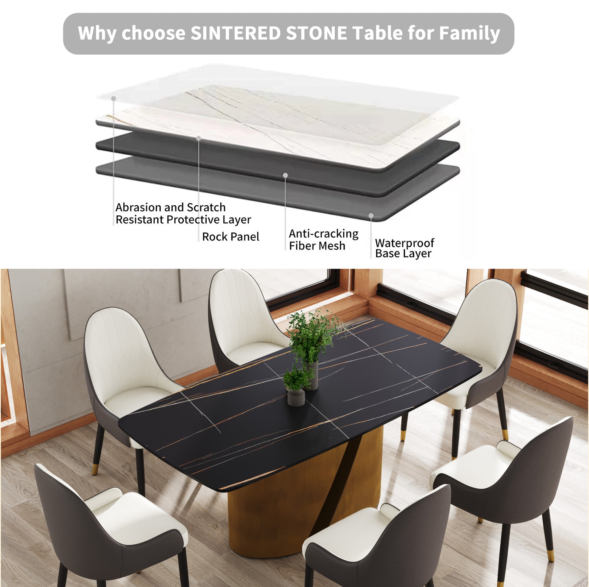 Modern black sintered stone dining table with gold veining