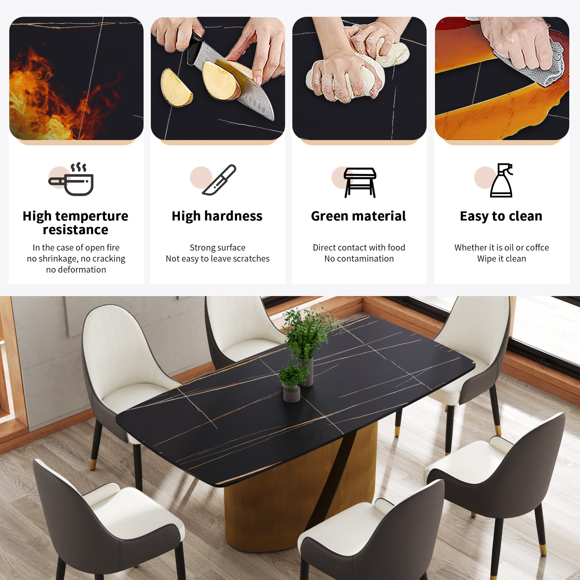 Black marble dining table with gold accents