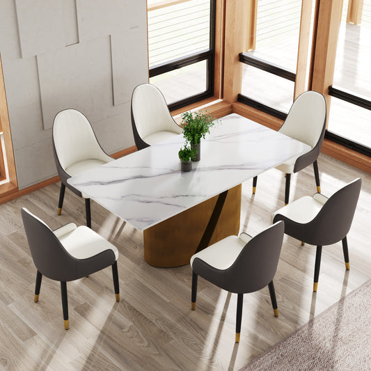 Modern marble dining table with six upholstered chairs