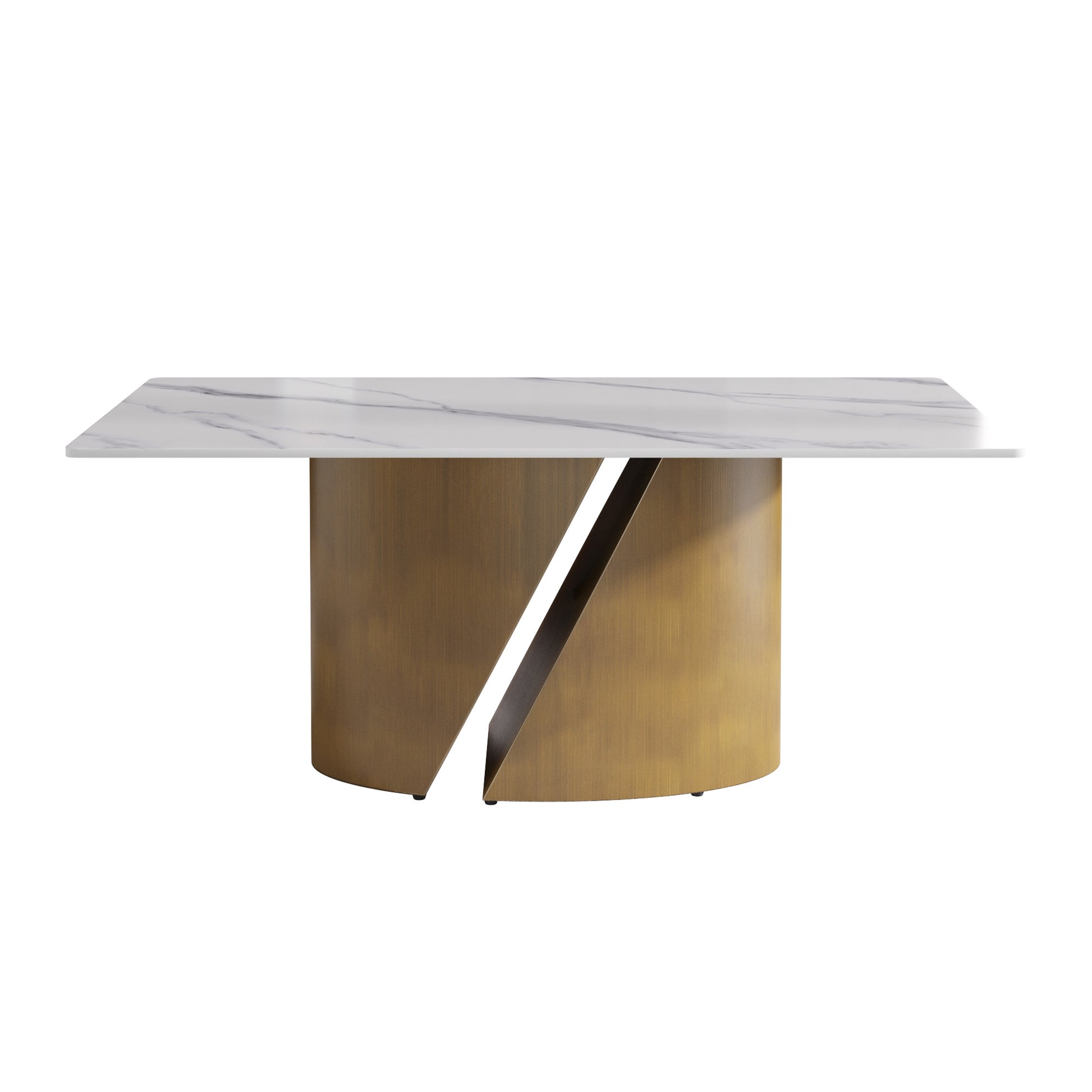 Rectangular marble top coffee table with brushed gold cylindrical base