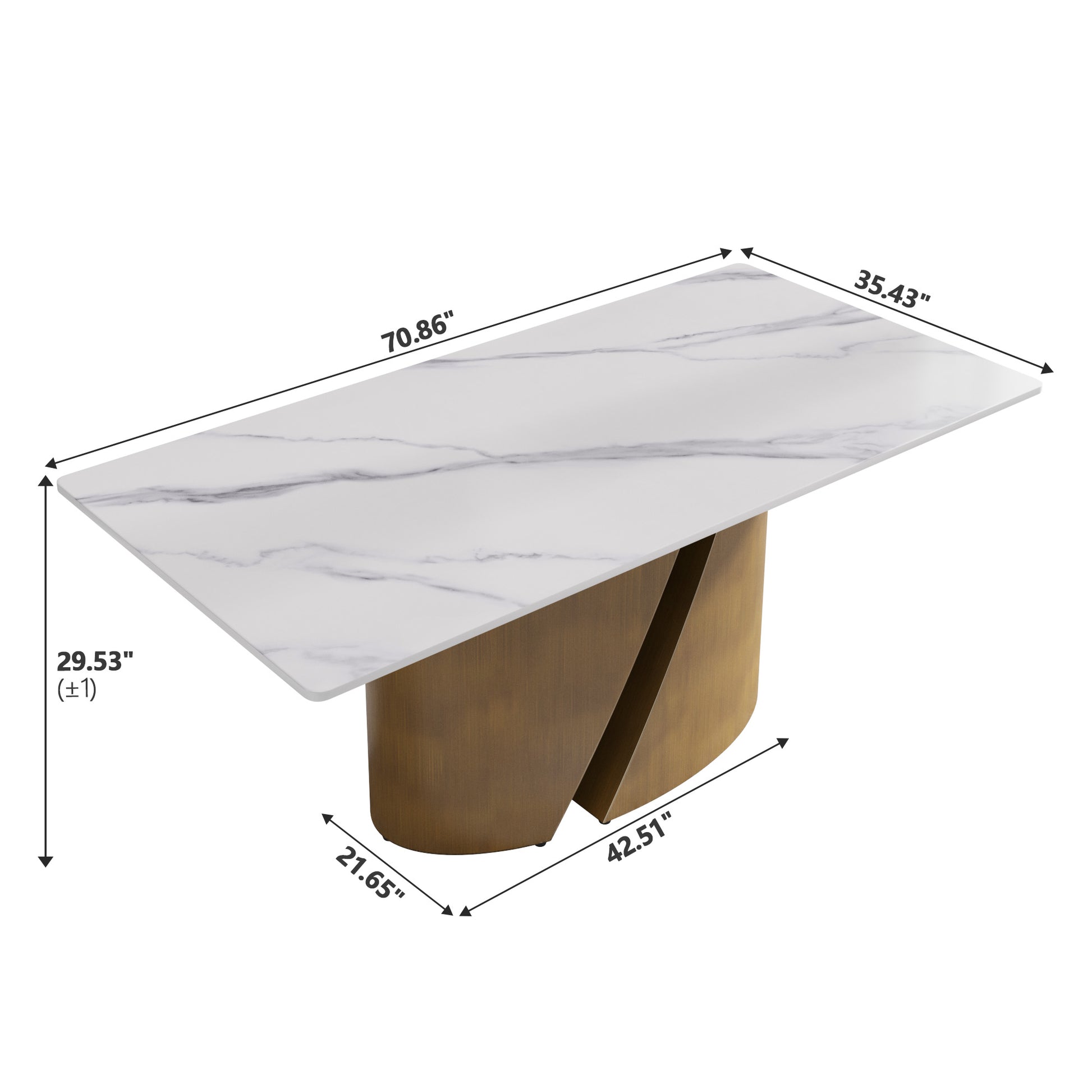 Modern dining table with white marble top and bronze pedestal base