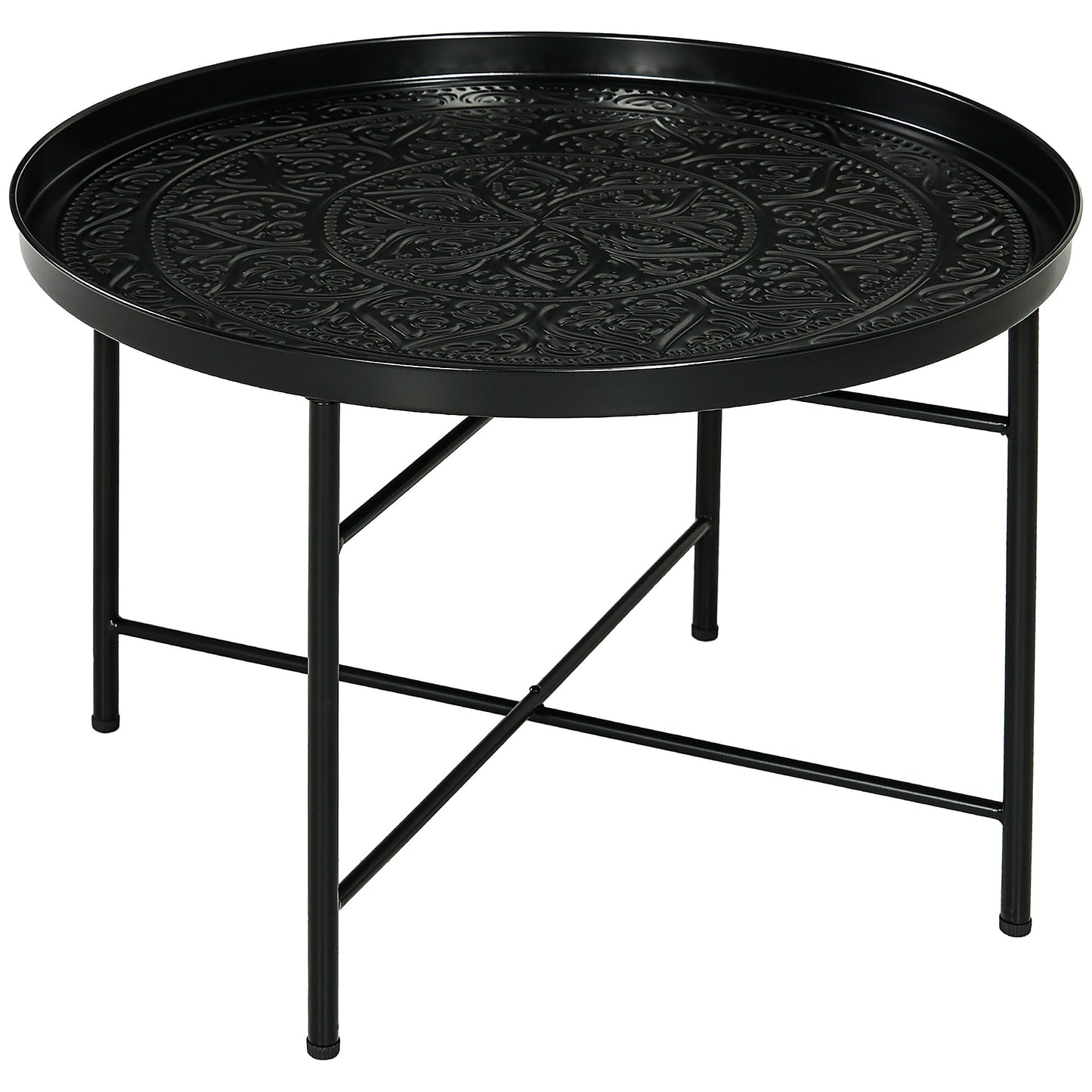 Black metal round tray table with ornate embossed pattern