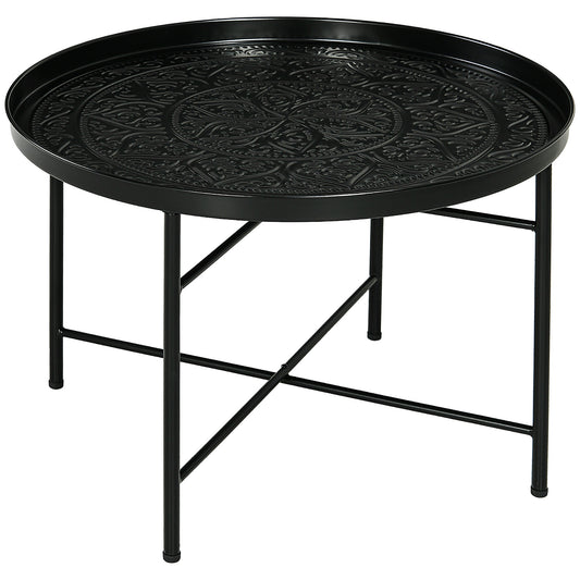 Black metal round tray table with ornate embossed pattern