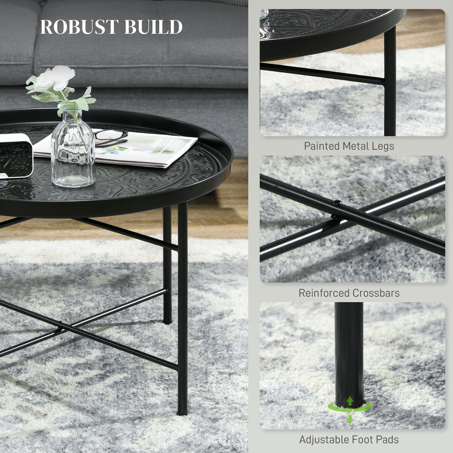Black metal round coffee table with embossed pattern