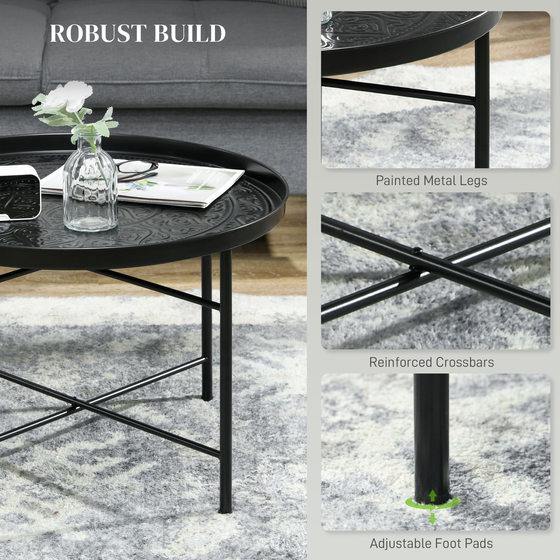 Black metal round coffee table with embossed pattern