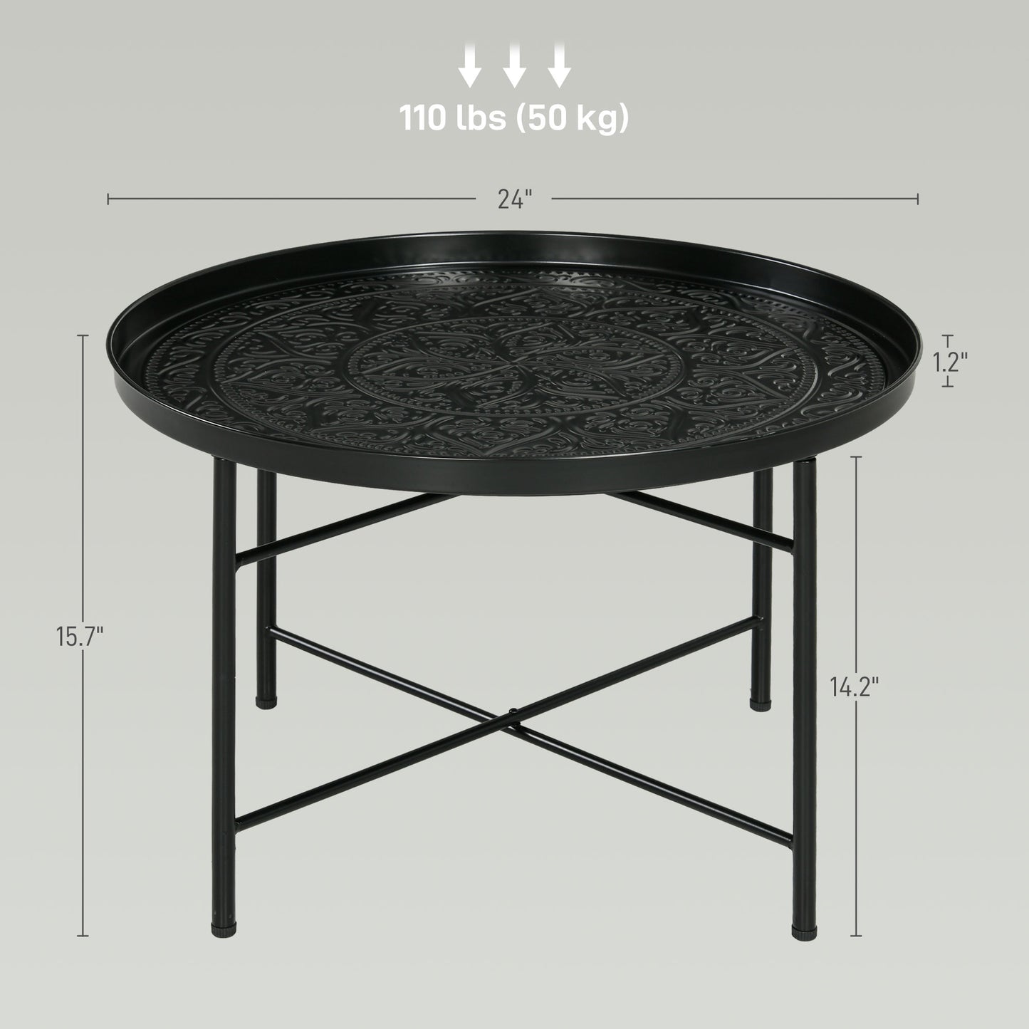 Black metal round accent table with embossed tribal pattern top