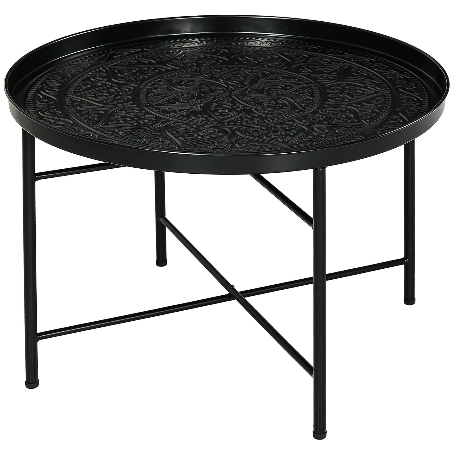 Black round metal accent table with ornate embossed pattern