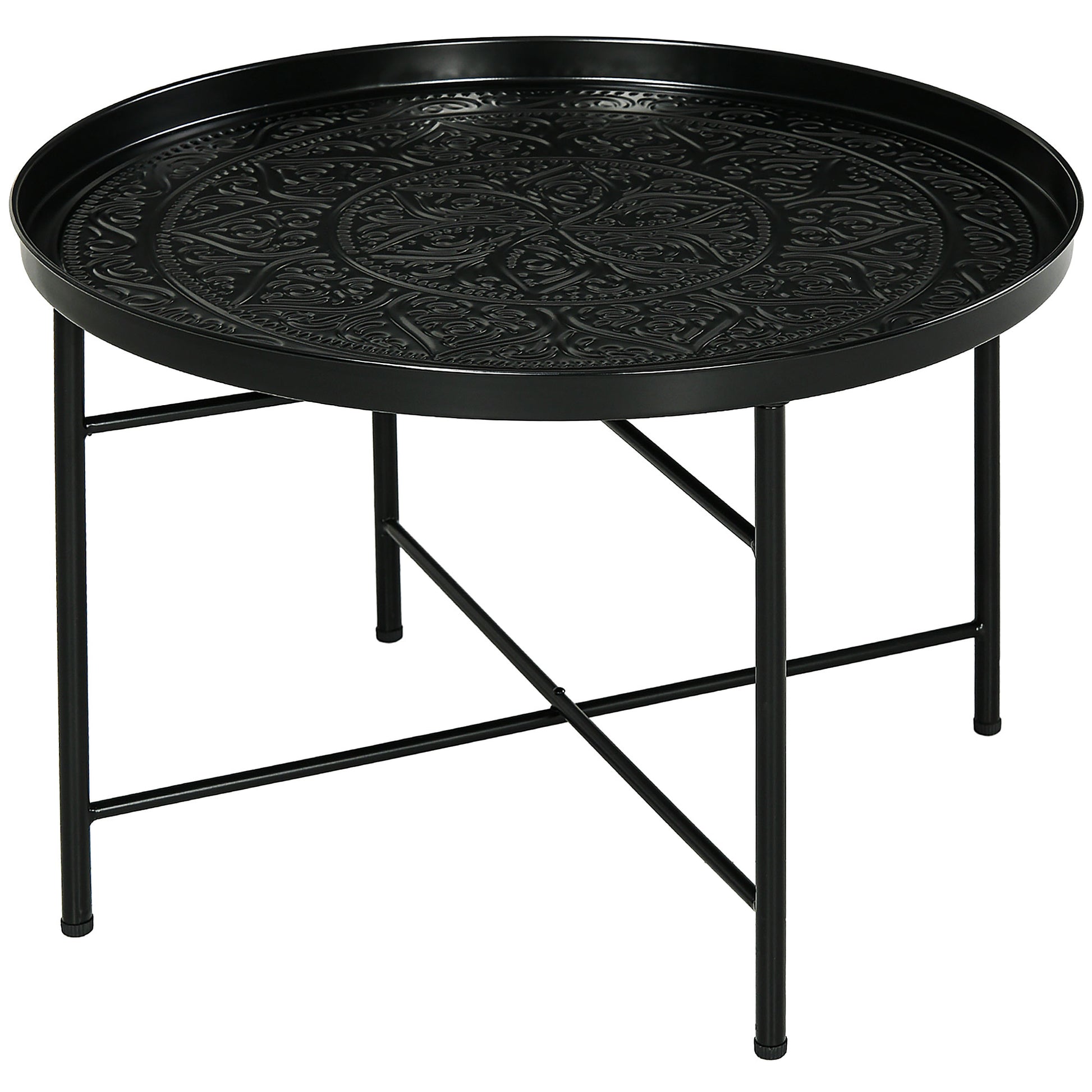 Black round metal accent table with ornate embossed pattern