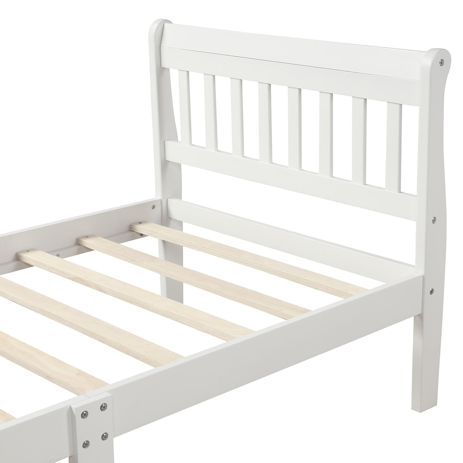 White wooden sleigh bed frame with slatted base and curved headboard