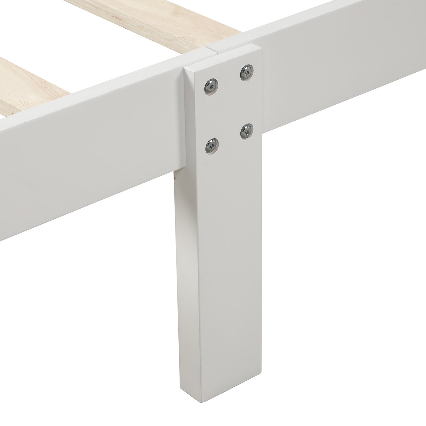 Closeup of white wooden bed frame corner with visible screws