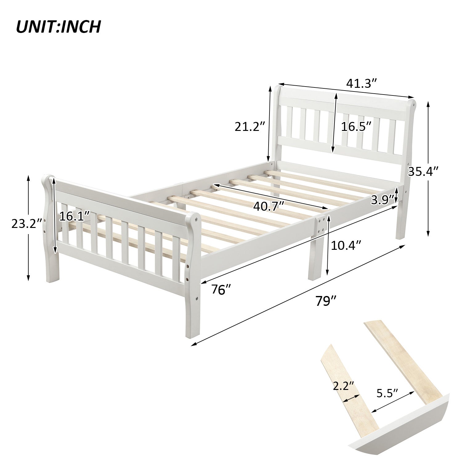 White wooden sleigh bed frame with dimensions shown