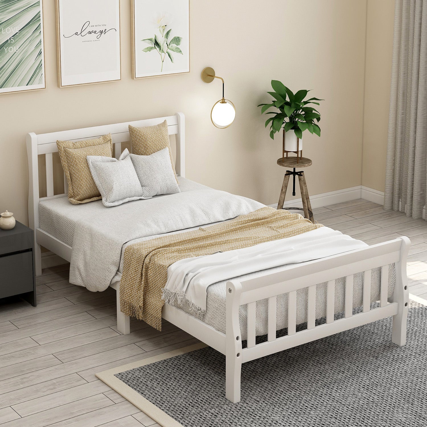 Classic white wooden twin bed with slatted headboard and footboard