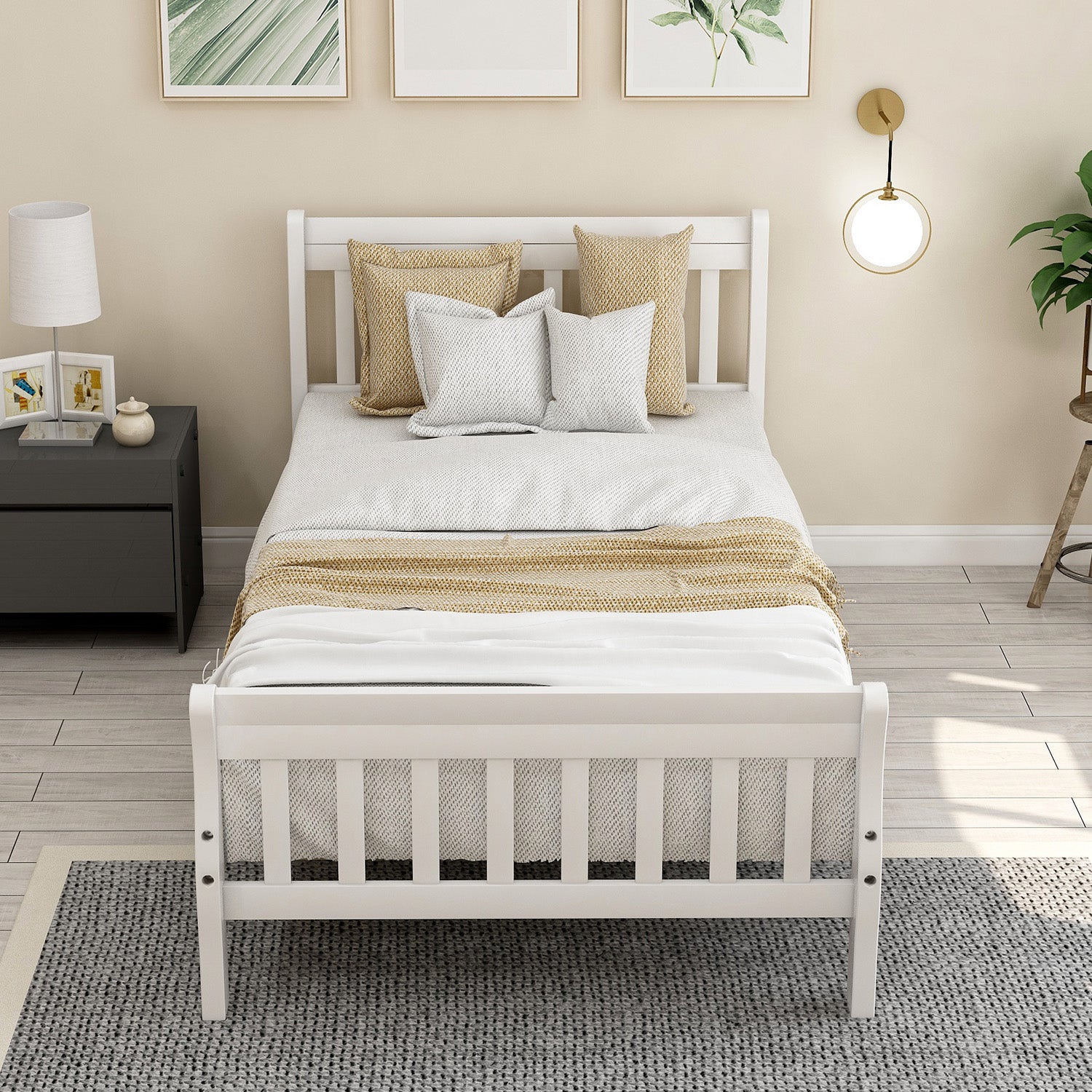 White wooden twin bed with slatted headboard and footboard